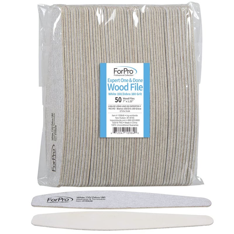 ForPro Professional Collection Expert One & Done Wood File, White 150 Grit/Zebra 180 Grit, Manicure & Pedicure Nail Files, 7â€ L x 1.25â€œ W, 50-Count - Image 1